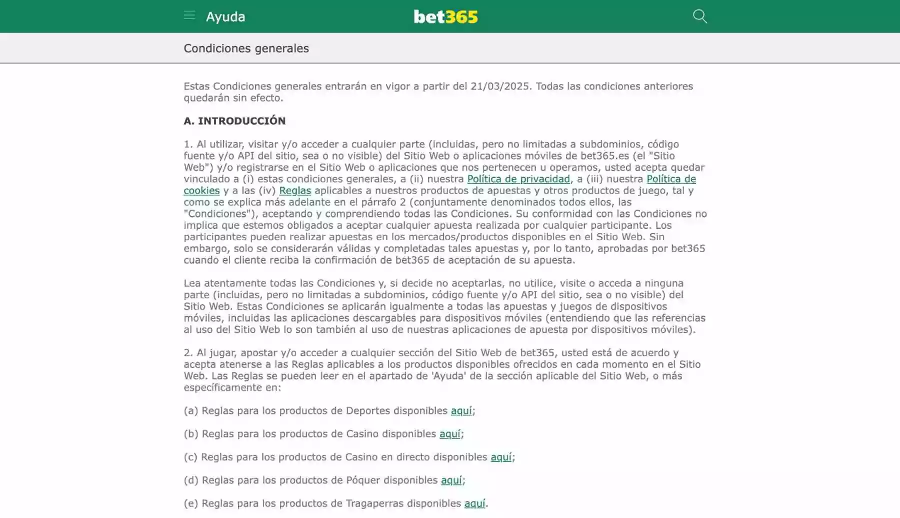 Acepte los términos y condiciones Bet365 Argentina