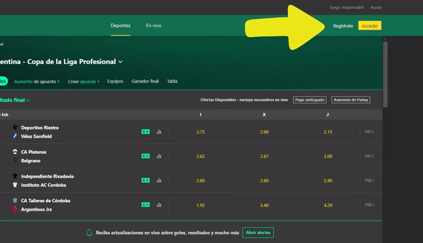 Vaya al sitio web de Bet365 Argentina y haga clic en el botón Registro
